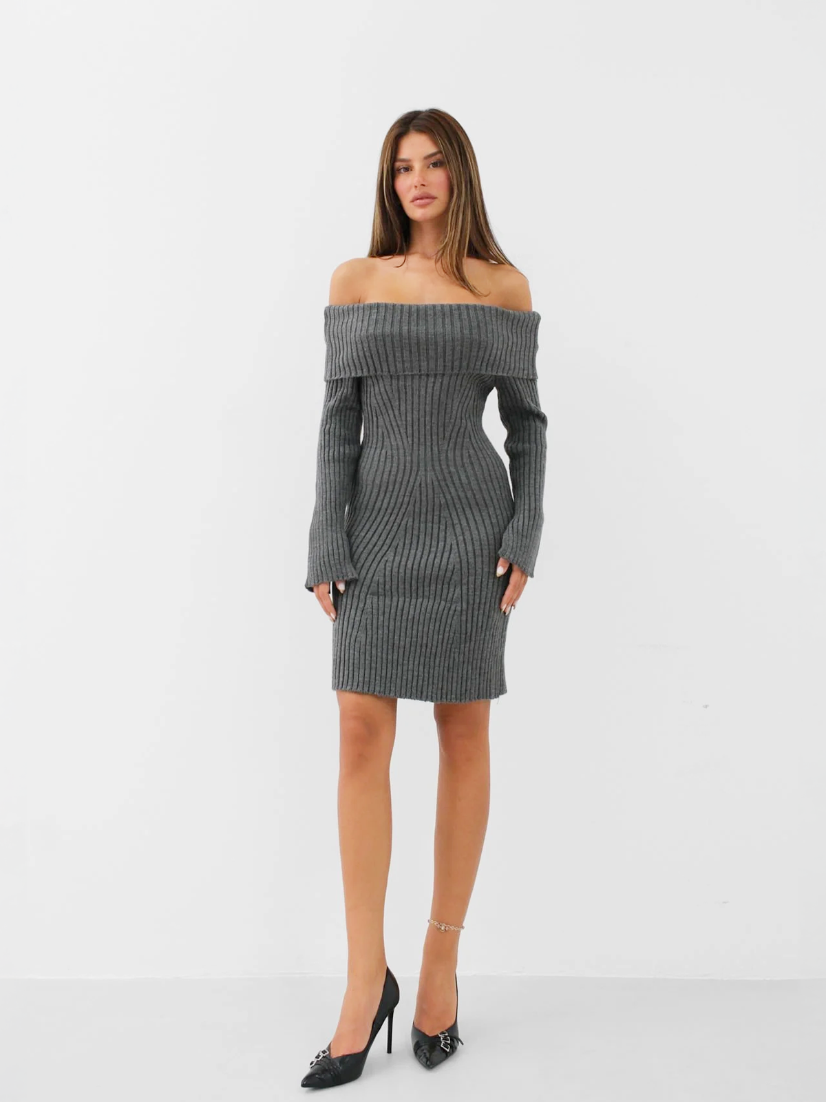 Off the Shoulder Midi Length Gray Knit Dress