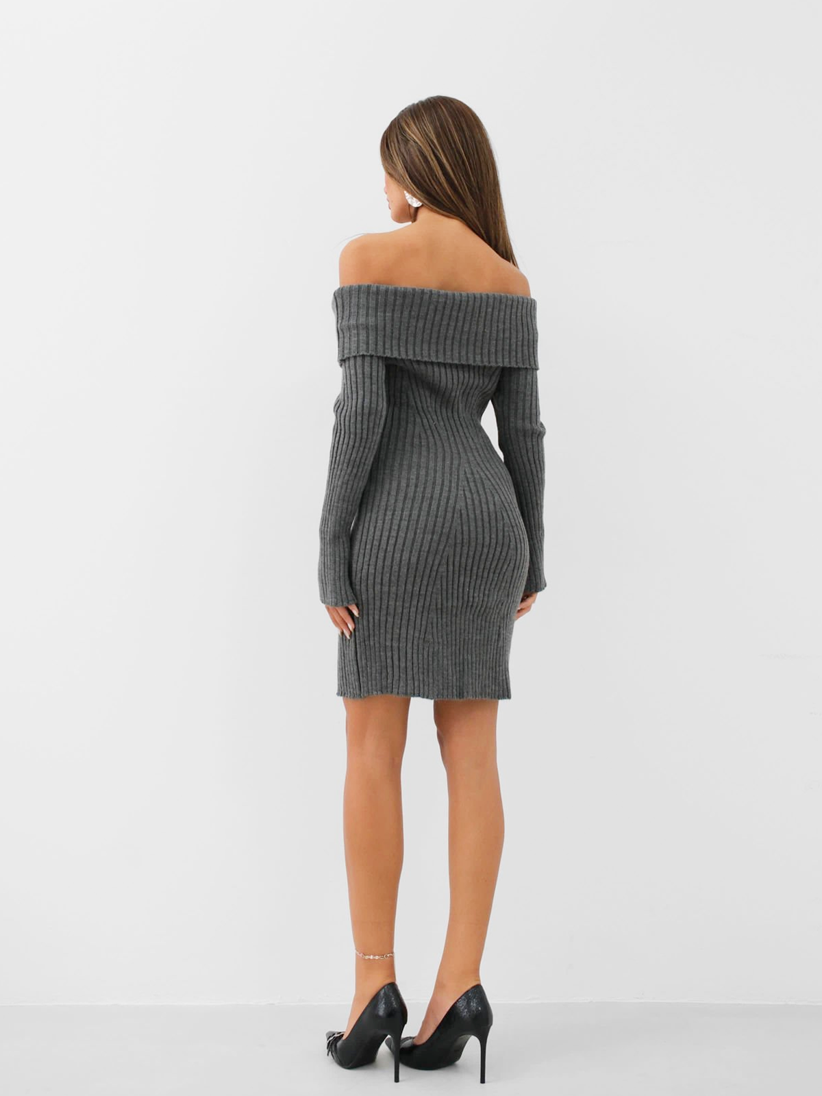 Off the Shoulder Midi Length Gray Knit Dress